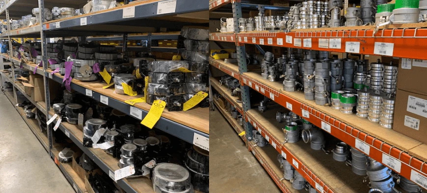 Littlejohn, Inc. valve and coupling inventory prepped for same day shipping Warehouse shelving loaded with butterfly valves and couplings
